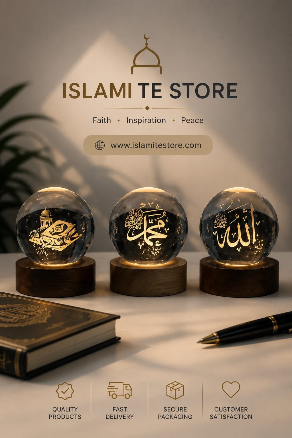 3D Islamic Crystal LED Lamp Set – Allah, Muhammad & Quran Design