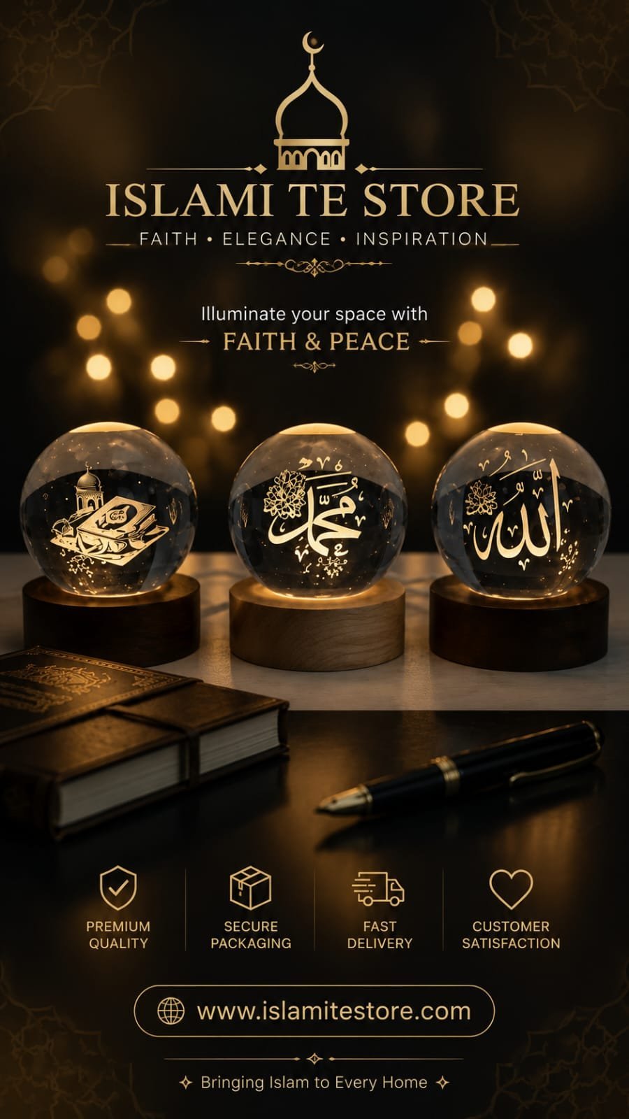 3D Islamic Crystal LED Lamp Set – Allah, Muhammad & Quran Design