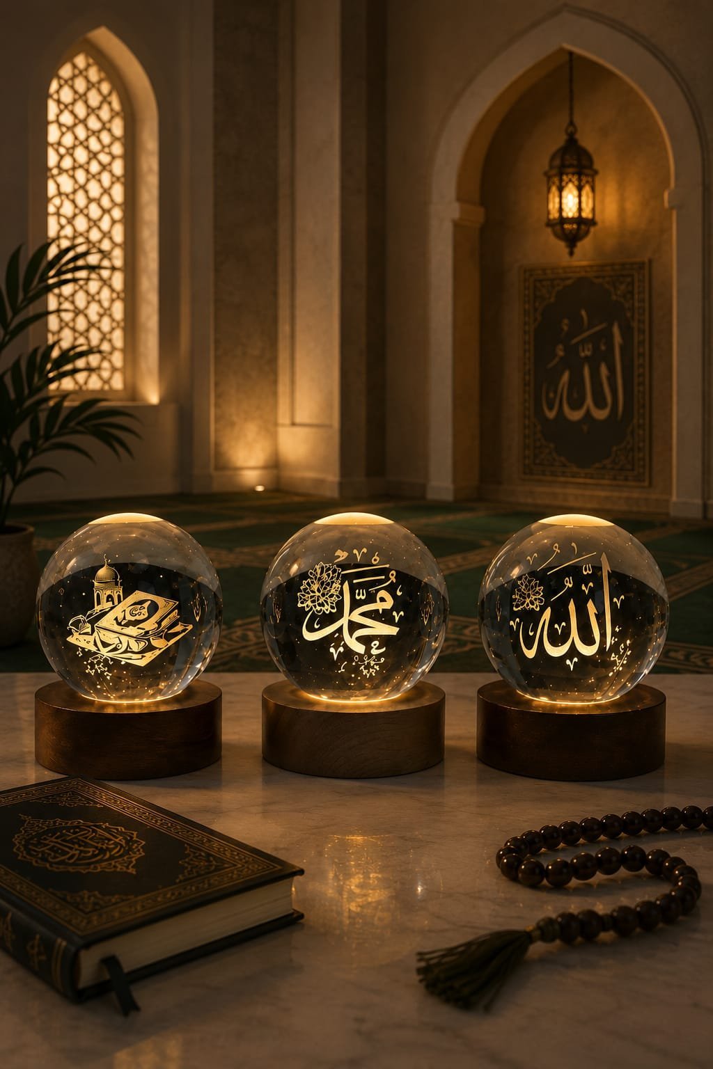 3D Islamic Crystal LED Lamp Set – Allah, Muhammad & Quran Design